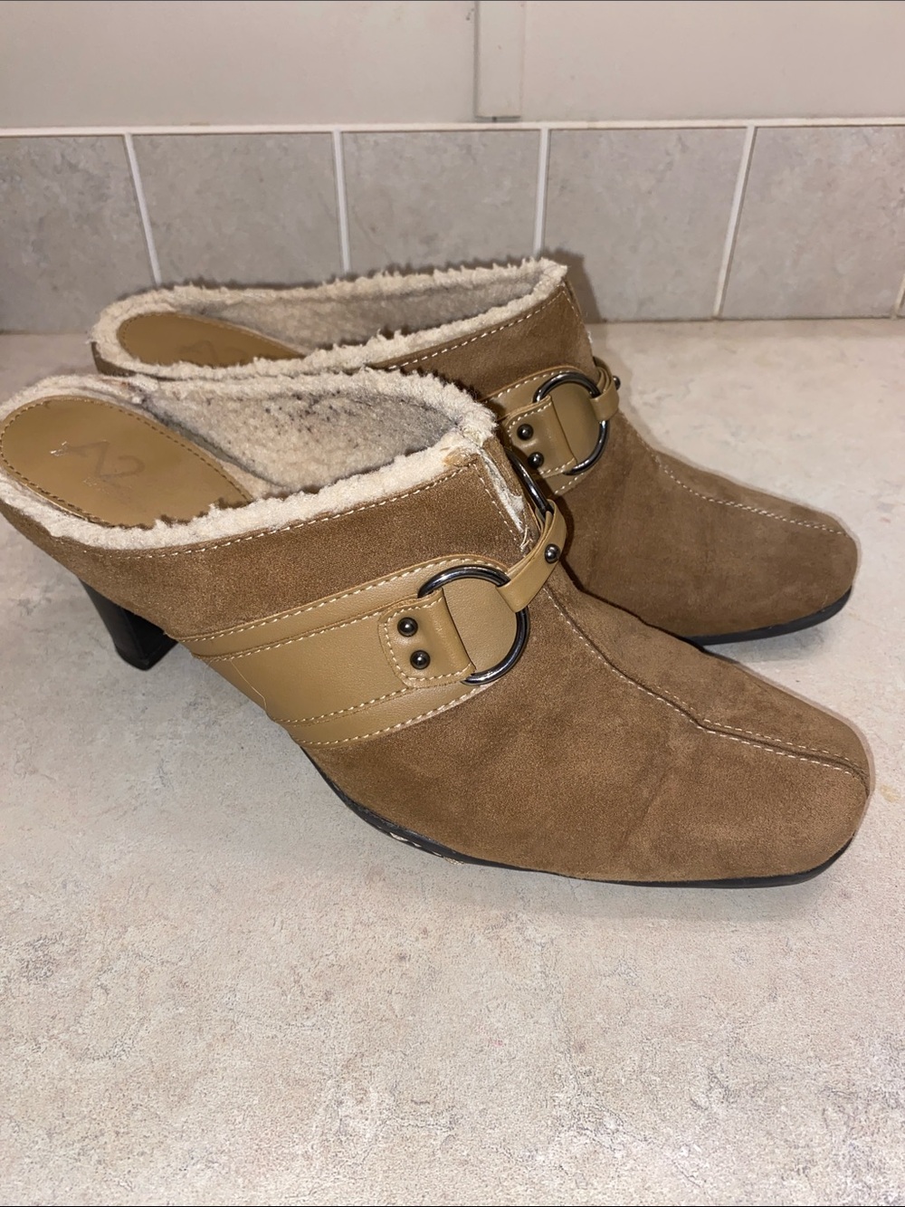 A2 By Aerosoles Tan Suede Mule Heels with Shearling Trim